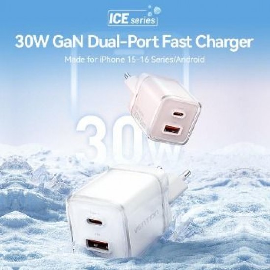 Vention Charger GaN 30W USB Type C Fast Charging Adaptor iPhone 15 16 Samsung Android PD QC Dual Port Ice Series 