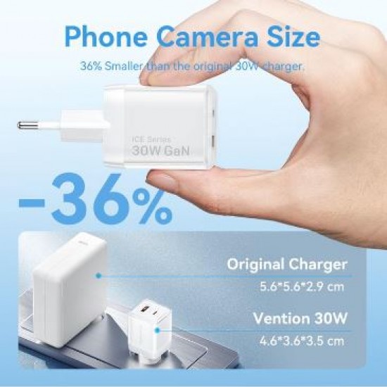 Vention Charger GaN 30W USB Type C Fast Charging Adaptor iPhone 15 16 Samsung Android PD QC Dual Port Ice Series 
