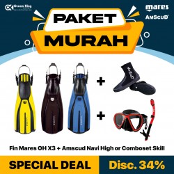 PAKET PROMO FINS MARES OH X3 + BOOTIES AMSCUD NAVI HIGH +  MASK SNORKEL SKILL  AMSCUD
